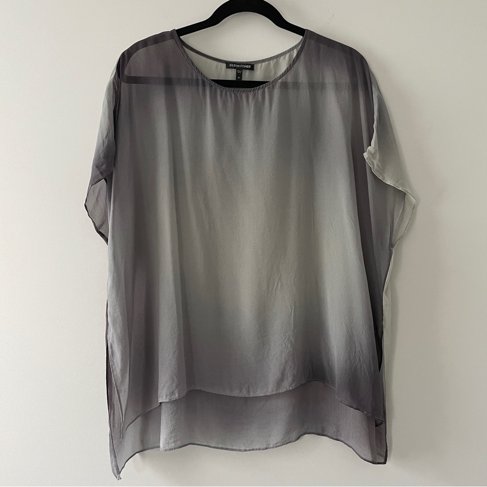 Eileen Fisher Watercolor Sheer Silk Boxy Tunic Blouse Top Grey Ombre XS - Picture 3 of 5